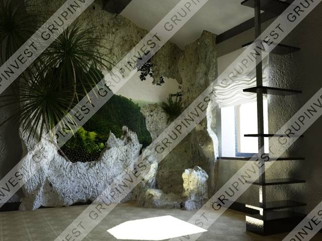 Декоративные искусственные скалы, скальные композиции в интерьере с декоративным панно на стене